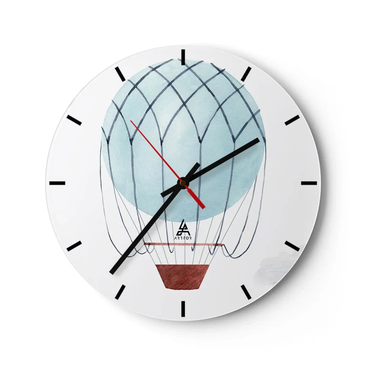 Vægur, Uret - Illustration af en blå ballon på en hvid baggrund med en kurv - 30x30cm - Alt i skyerne - Moderne vægdekoration til stue, køkken og soveværelse ARTTOR