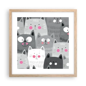 Plakat i ramme af lyst egetræ - Kattens verden - 40x40 cm