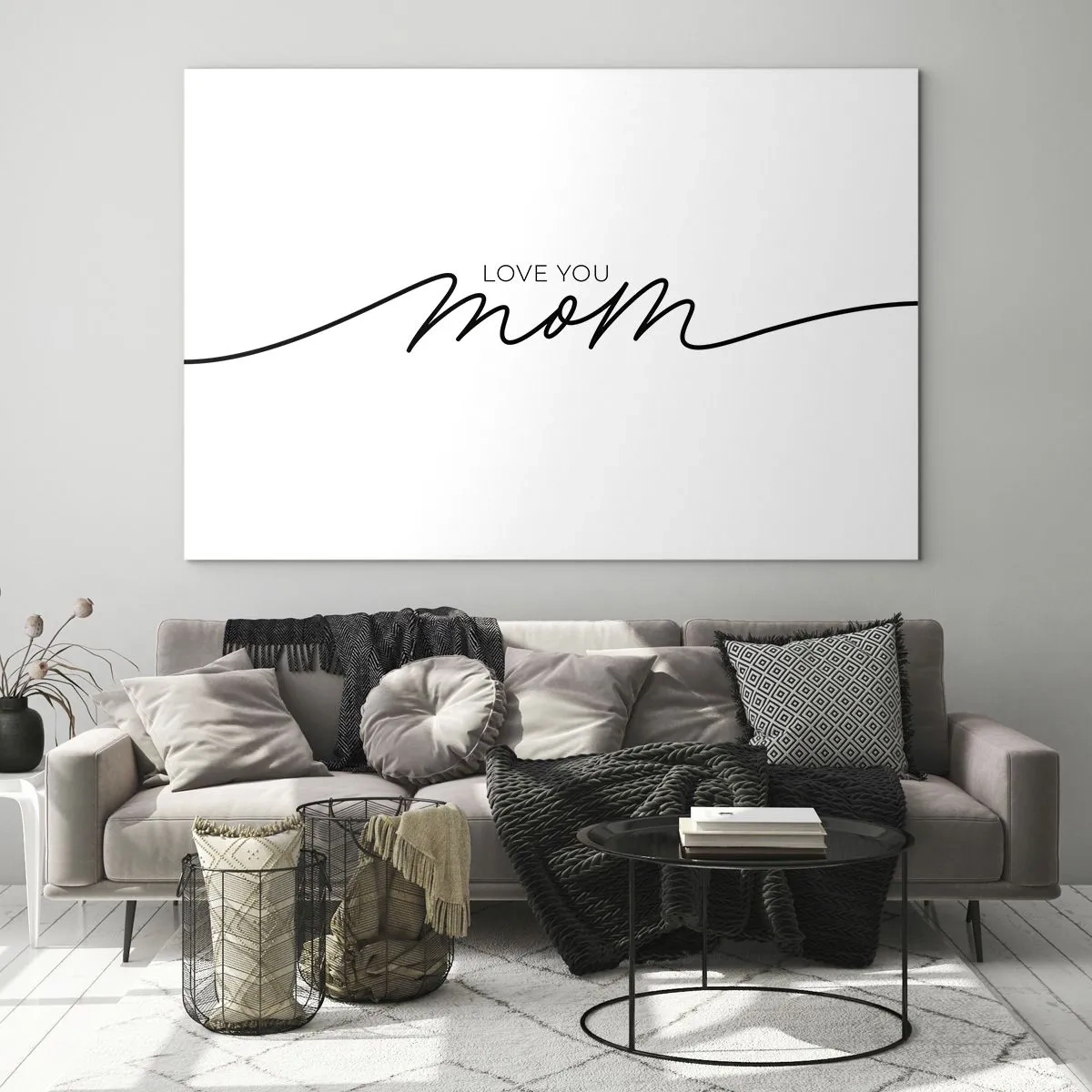 Billede på glas - Minimalistisk "Elsker dig, mor"-indskrift i sort på hvid baggrund - 70x50cm - Stor følelse - Moderne vægdekoration til stue og soveværelse ARTTOR
