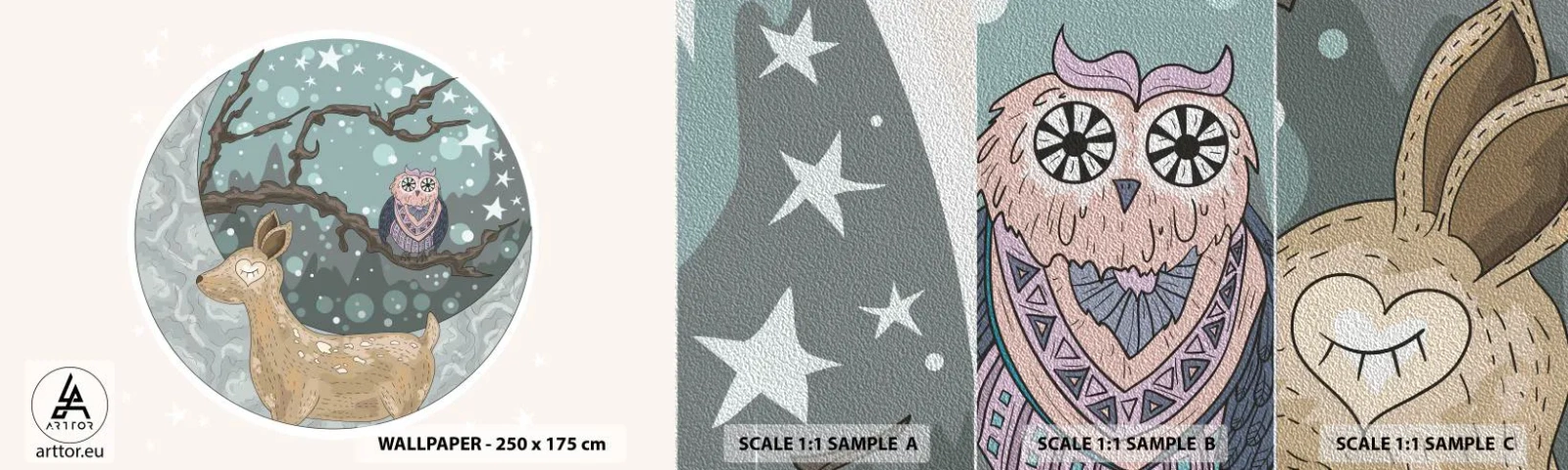 Prøve Fototapet Premium Sand - En eventyrlig skovnat - For børn, Grafik, Stjerner - 100x30 cm