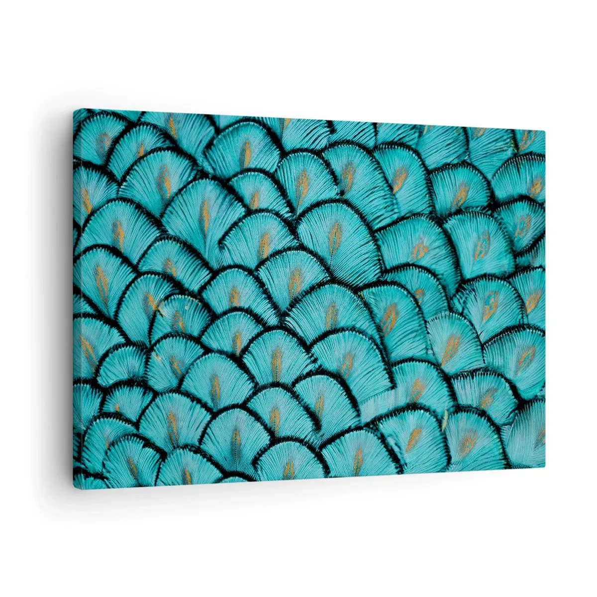 Lærredstryk - Billede på lærred - Et mønster, der ligner turkise skæl med gulddetaljer - 70x50cm - Den store fjer-galla - Moderne vægdekoration til stue og soveværelse ARTTOR