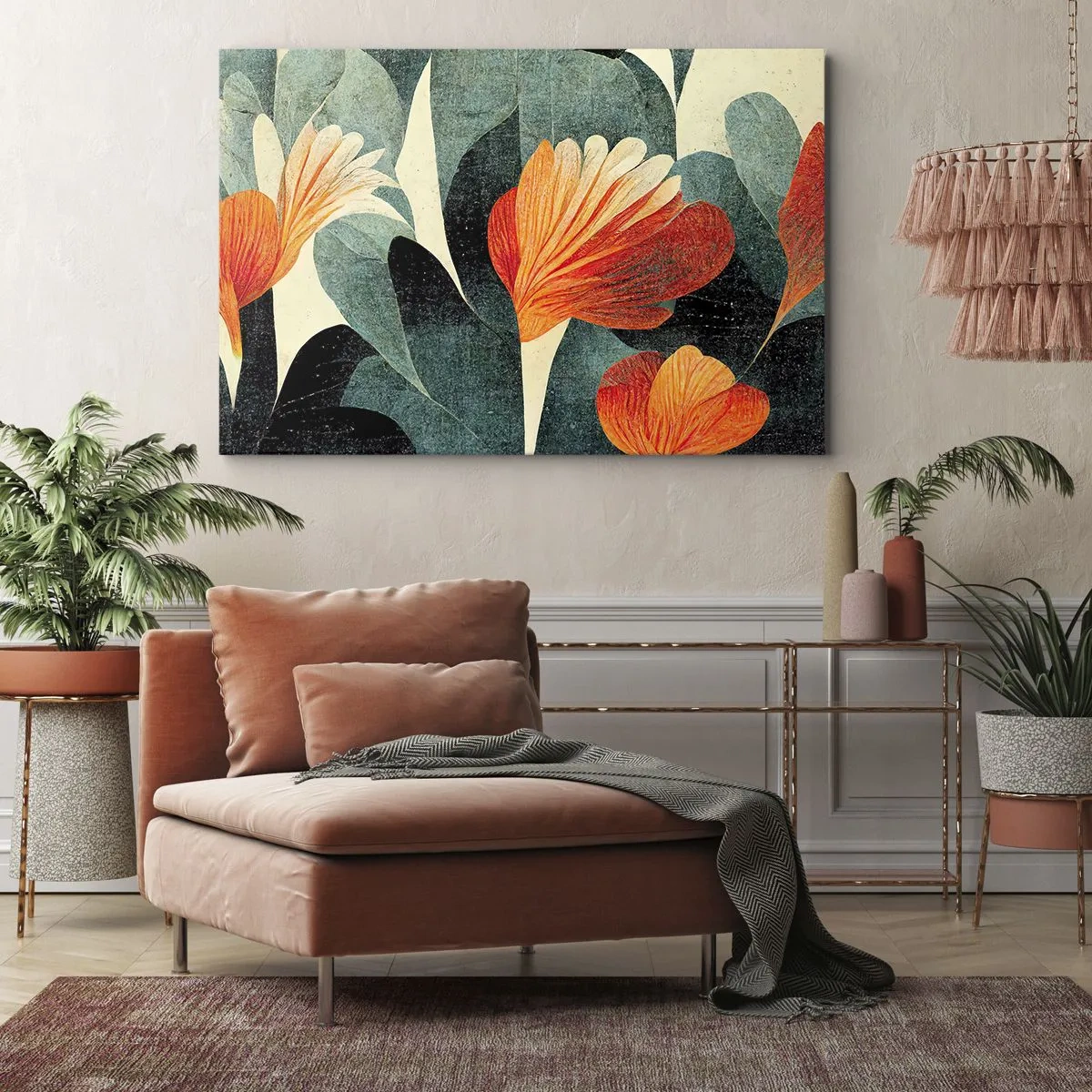 Lærredstryk - Billede på lærred - Blomster i intense nuancer af orange og grøn - 70x50cm - Varmen fra troperne og køligheden fra det grønne - Moderne vægdekoration til stue og soveværelse ARTTOR