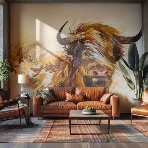 Fototapet Standard Eco - Akvarelmaleri af en skotsk tyr - 100x70cm - Jægerens stolthed - Moderne vægdekoration til stue og soveværelse ARTTOR