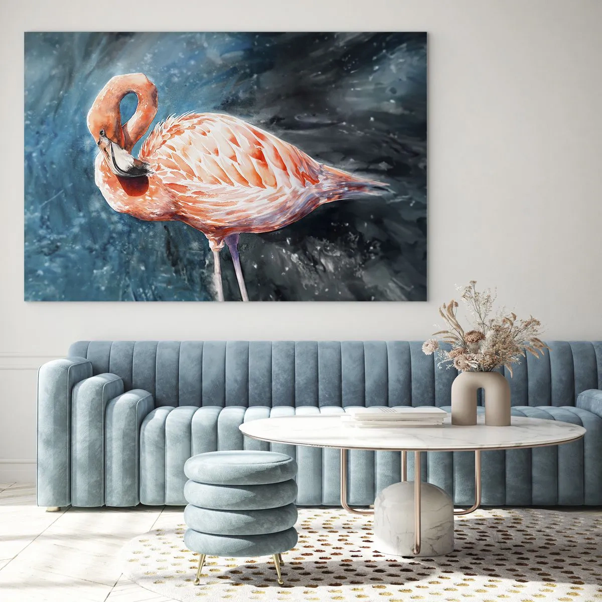 Billede på glas - En lyserød flamingo mod en blå akvarelbaggrund - 70x50cm - Dekorativ af natur - Moderne vægdekoration til stue og soveværelse ARTTOR