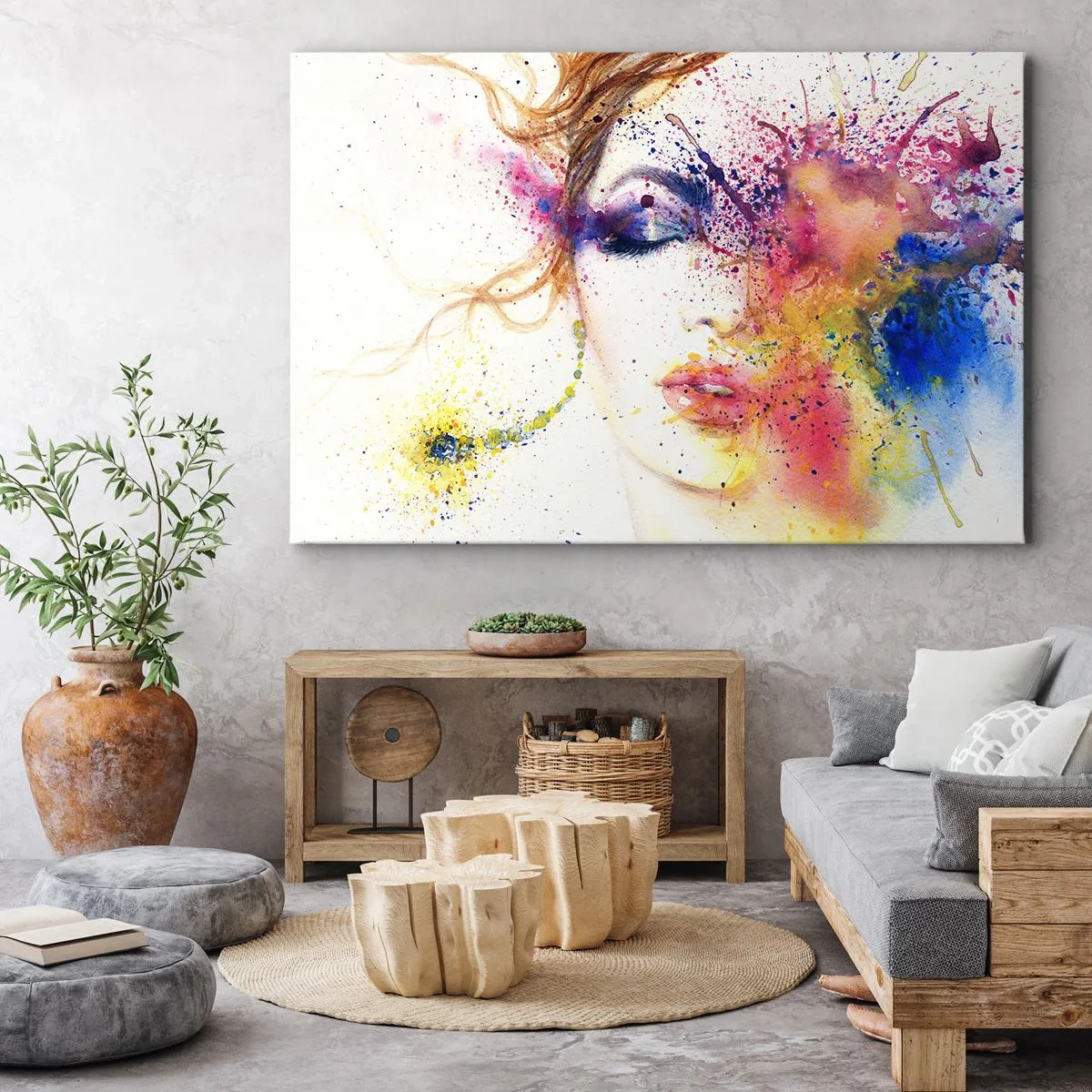 Lærredstryk - Billede på lærred - Et kunstnerisk portræt af en kvinde i udtryksfulde akvarelfarver. - 70x50cm - Regnbue svimmelhed - Moderne vægdekoration til stue og soveværelse ARTTOR