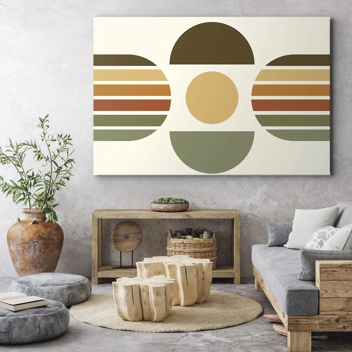 Lærredstryk - Billede på lærred - Geometrisk komposition med halvcirkler og striber i jordfarver - 70x50cm - I jordfarver - Moderne vægdekoration til stue og soveværelse ARTTOR