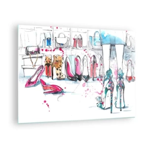 Billede på glas - Illustration af elegante høje hæle i en butik - 70x50cm - Sesam, åbn dig - Moderne vægdekoration til stue og soveværelse ARTTOR
