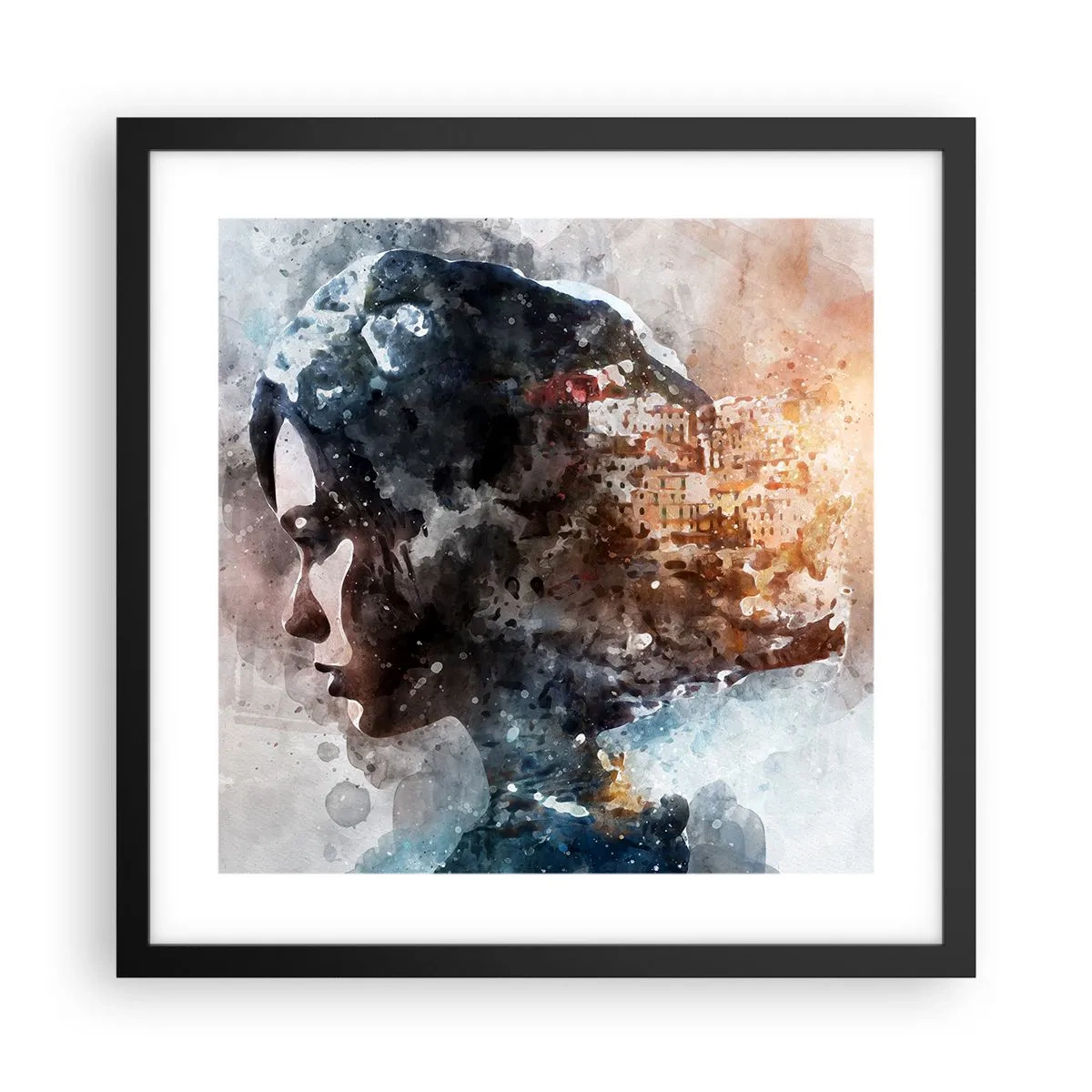 Plakat i sort ramme - Historien om en pige med en by i baggrunden - 40x40 cm