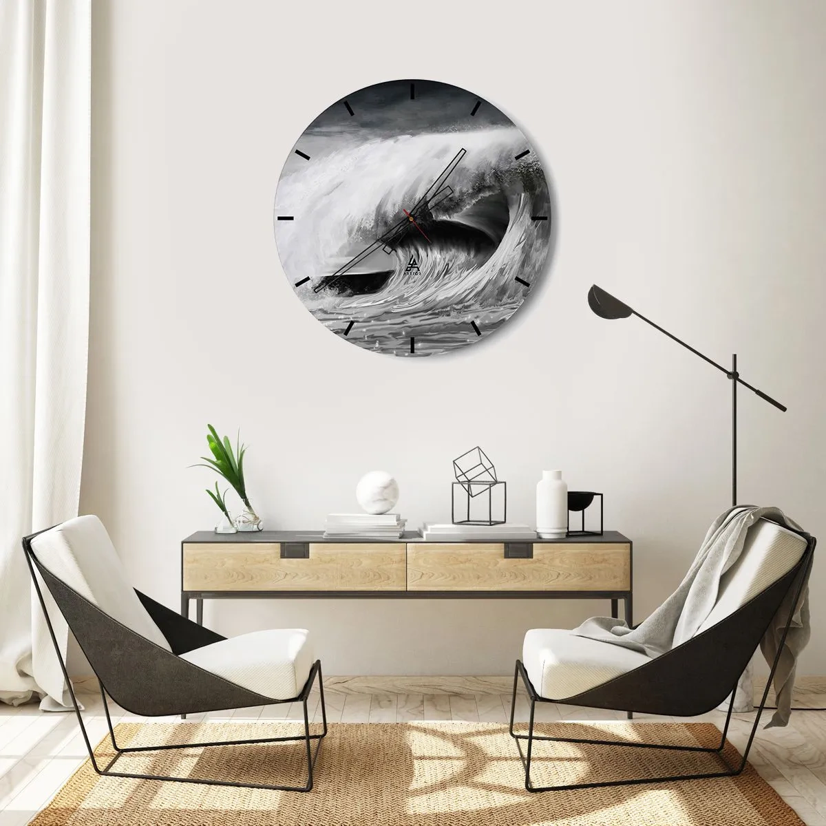 Vægur, Uret - En dynamisk bølge i nuancer af sort og hvid - 30x30cm - Havets vrede - Moderne vægdekoration til stue, køkken og soveværelse ARTTOR