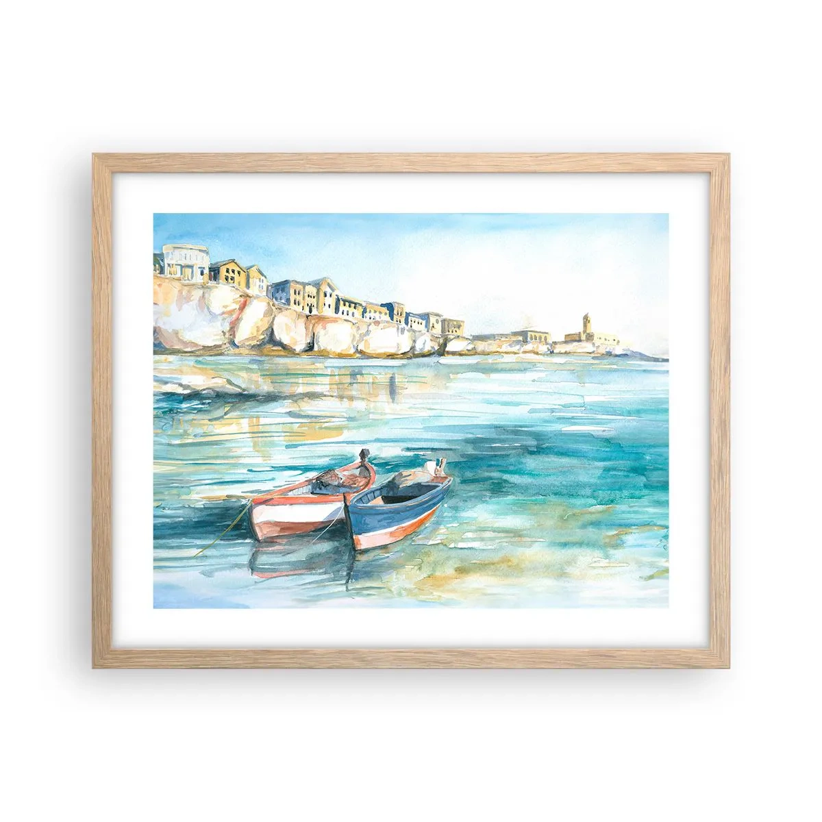 Plakat i ramme af lyst egetræ - Landskab i azurblå - 50x40 cm