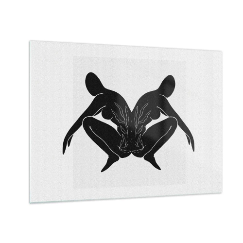 Billede på glas - Sorte figurer danner et symmetrisk hjerte på en hvid baggrund - 70x50cm - En delt sjæl - Moderne vægdekoration til stue og soveværelse ARTTOR