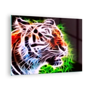 Billede på glas - En tiger i neon, lysende farver - 70x50cm - Farlig aura - Moderne vægdekoration til stue og soveværelse ARTTOR