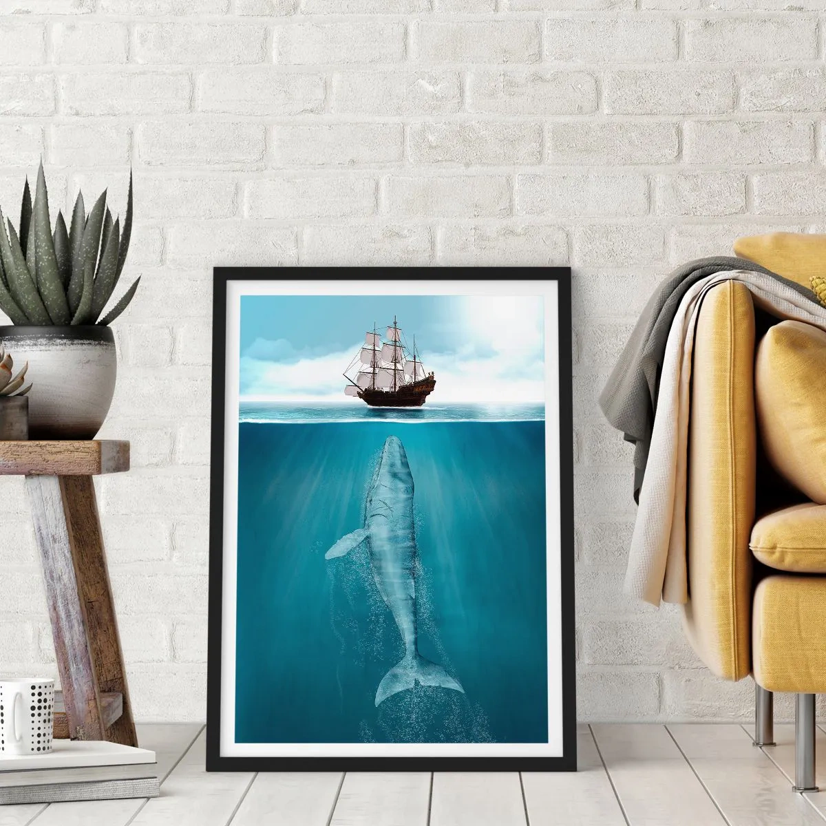 Plakat i sort ramme - Et skib på vandoverfladen med en hval under, i et surrealistisk billede - 50x70cm - Bedre ikke at vide - Moderne vægdekoration til stue og soveværelse ARTTOR