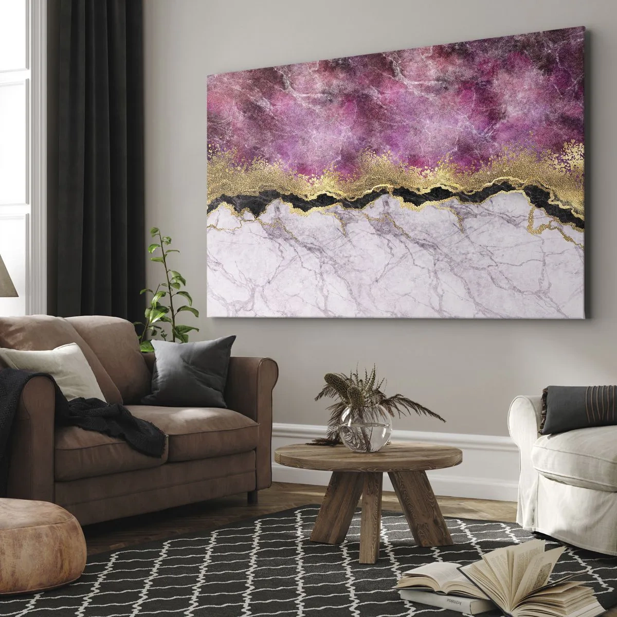 Lærredstryk - Billede på lærred - Abstrakt marmor i lyserøde nuancer med gulddetaljer - 70x50cm - På grænsen - Moderne vægdekoration til stue og soveværelse ARTTOR