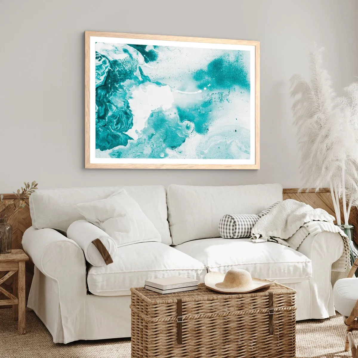 Plakat i ramme af lyst egetræ - Blå oversvømmelsesflader - 100x70 cm