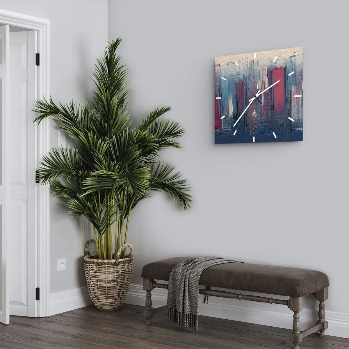 Vægur, Uret - Lodret komposition i blåt og rødt - 40x40 cm