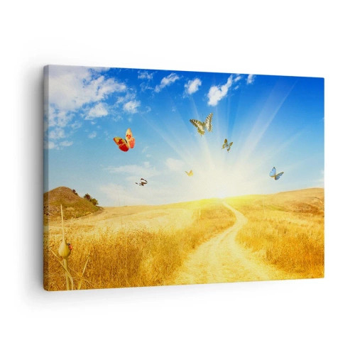 Lærredstryk - Billede på lærred - En gylden mark, en sti og sommerfugle mod en blå himmel - 70x50cm - Og hvordan kan man ikke elske sommeren? - Moderne vægdekoration til stue og soveværelse ARTTOR
