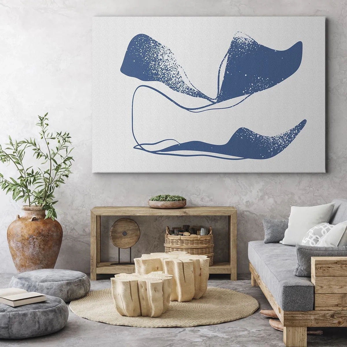 Lærredstryk - Billede på lærred - Abstrakte former i blå nuancer på en hvid baggrund - 70x50cm - Bevinget abstraktion - Moderne vægdekoration til stue og soveværelse ARTTOR