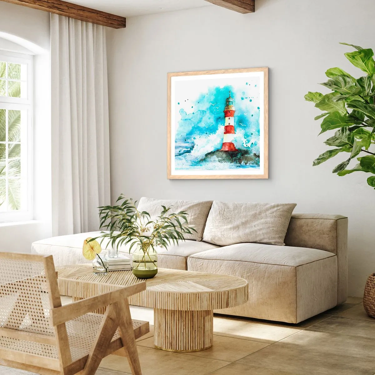 Plakat i ramme af lyst egetræ - Elementernes enhed - 50x50 cm