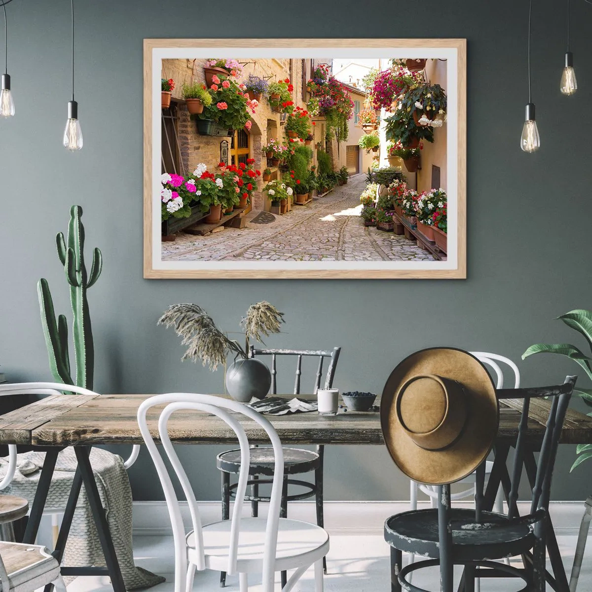 Plakat i ramme af lyst egetræ - I en strøm af blomster - 50x40 cm