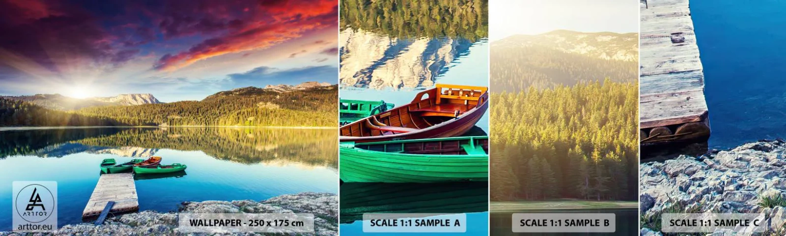 Prøve Fototapet Selvklæbende Deluxe Sticker - Over vand så glat som et spejl - Landskab, Bjerge, Skov - 100x30 cm