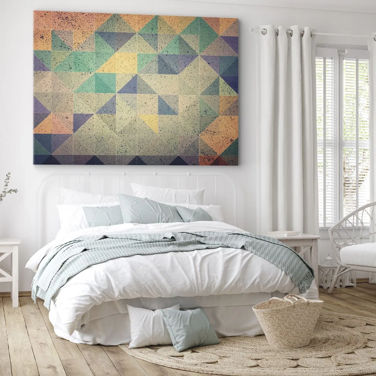 Lærredstryk - Billede på lærred - En farverig komposition af geometriske trekanter i pastelfarver. - 70x50cm - Republikken trekanter - Moderne vægdekoration til stue og soveværelse ARTTOR