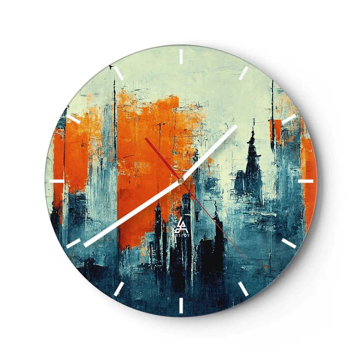 Vægur, Uret - Abstrakt bypanorama i nuancer af orange og marineblå - 30x30cm - Moderne landskab - Moderne vægdekoration til stue, køkken og soveværelse ARTTOR