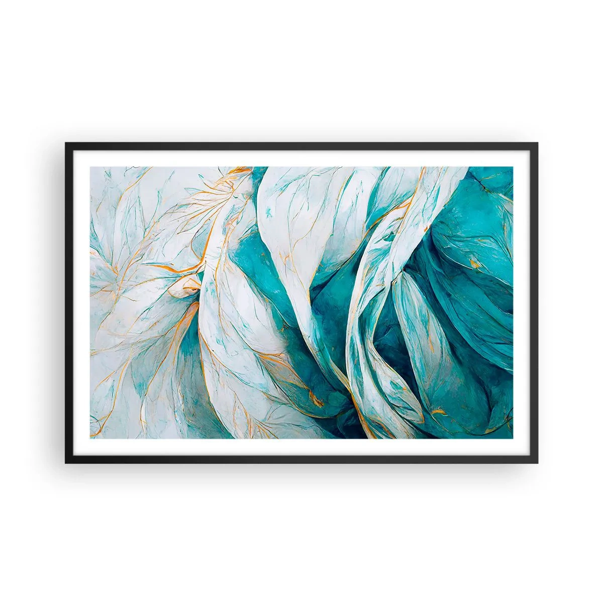 Plakat i sort ramme - Blå abstraktion med et guldmotiv - 91x61 cm