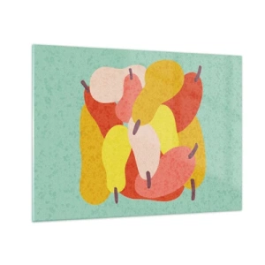 Billede på glas - Farverige pærer i grafisk stil på turkis baggrund - 70x50cm - Smag på sommersolen - Moderne vægdekoration til stue og soveværelse ARTTOR