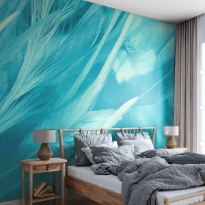 Fototapet Standard Eco - Delikate blå fjer i en kunstnerisk tilgang - 100x70cm - At drukne i fluff - Moderne vægdekoration til stue og soveværelse ARTTOR