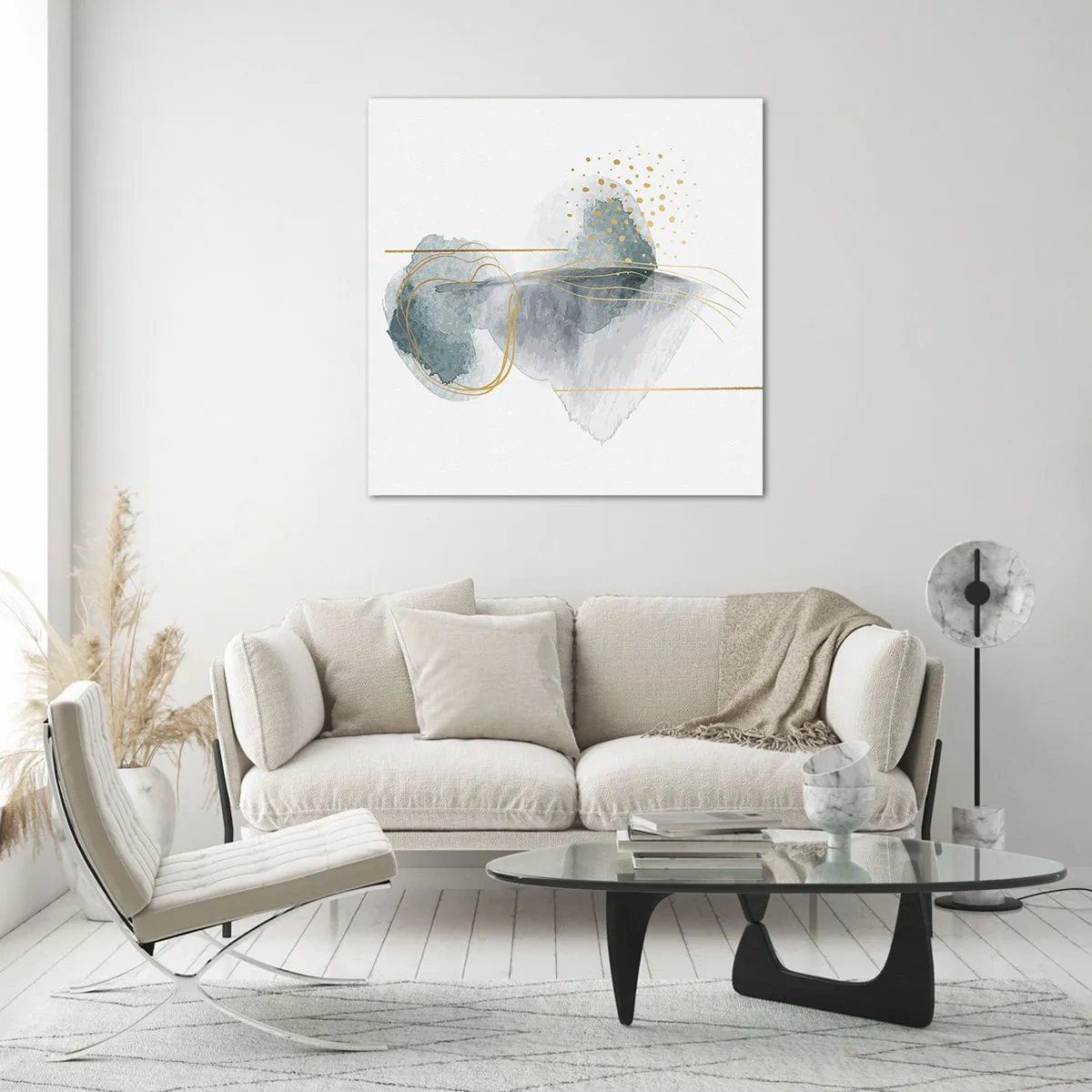 Billede på glas - Om forholdet mellem grå og guld - 70x70 cm