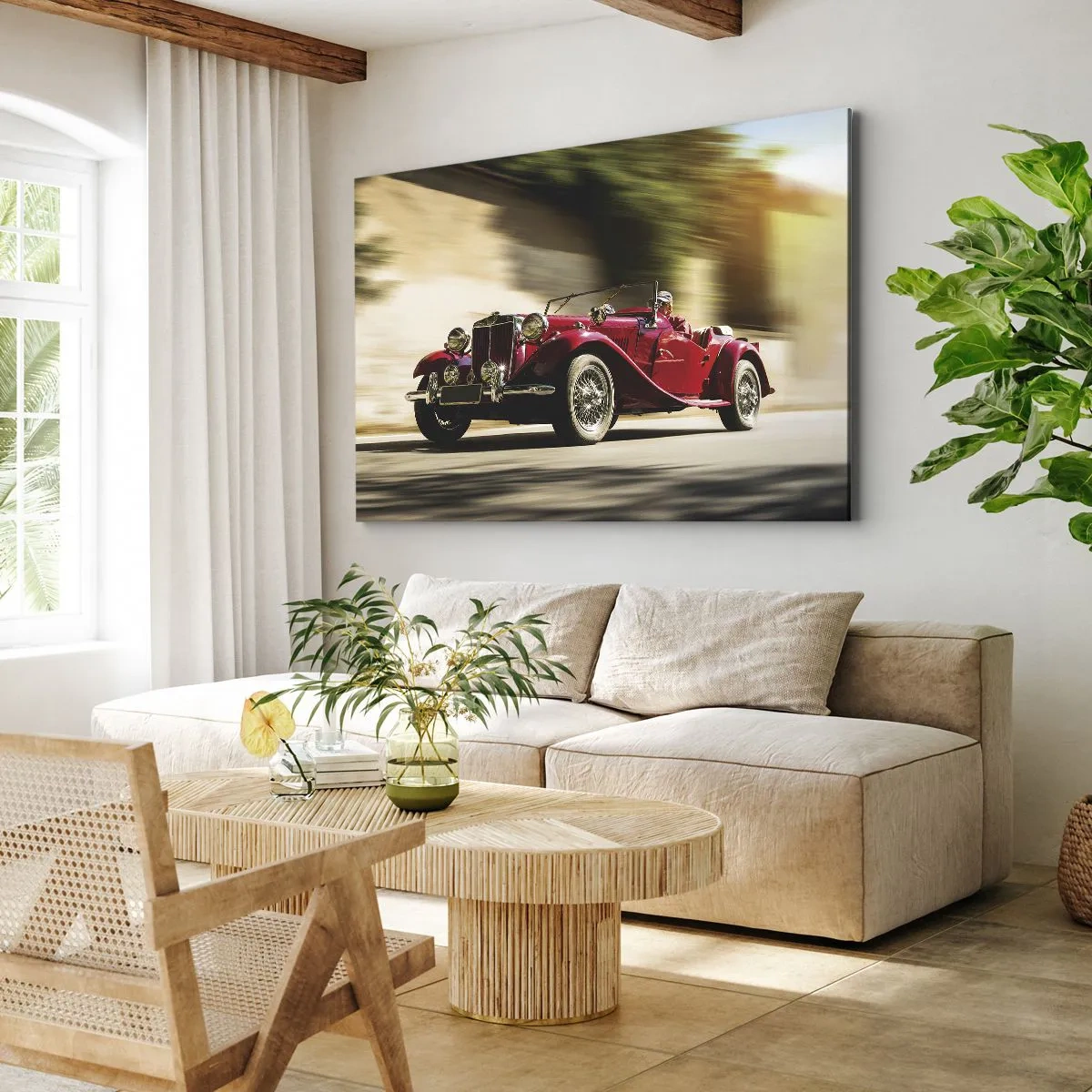 Lærredstryk - Billede på lærred - Rød klassisk bil i bevægelse på en solrig gade - 70x50cm - Smukkere end Nike fra Samothrake - Moderne vægdekoration til stue og soveværelse ARTTOR