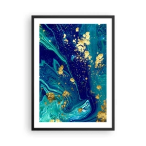 Plakat i sort ramme - Abstrakt mønster i nuancer af blå og guld - 50x70cm - Solblade  - Moderne vægdekoration til stue og soveværelse ARTTOR