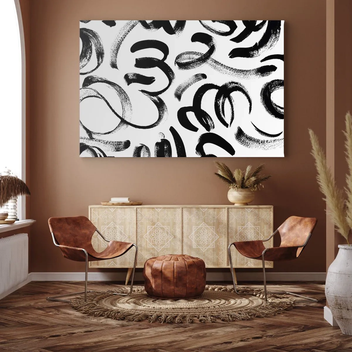 Lærredstryk - Billede på lærred - Sorte abstrakte penselstrøg på en hvid baggrund - 70x50cm - I sort og hvidt - Moderne vægdekoration til stue og soveværelse ARTTOR
