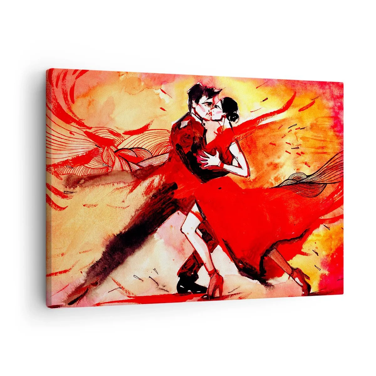 Lærredstryk - Billede på lærred - Et par danser tango i røde toner mod en dynamisk baggrund. - 70x50cm - Lilla rytme af lidenskab - Moderne vægdekoration til stue og soveværelse ARTTOR