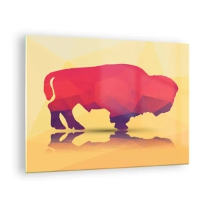 Billede på glas - Geometrisk bison i varme farver - 70x50cm - Bisonens amarantstyrke - Moderne vægdekoration til stue og soveværelse ARTTOR