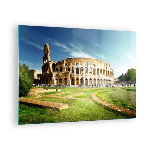 Billede på glas - Colosseum i Rom oplyst af solen - 70x50cm - Du kan stadig høre våbenklirren - Moderne vægdekoration til stue og soveværelse ARTTOR