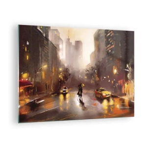 Billede på glas - By om natten i regnen med taxaer og silhuetten af et par - 70x50cm - Til New Yorks lys - Moderne vægdekoration til stue og soveværelse ARTTOR