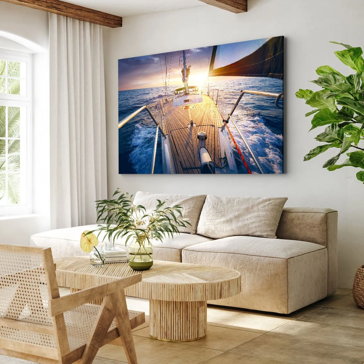 Lærredstryk - Billede på lærred - Yacht på havet under solnedgang - 70x50cm - Løber på bølgerne - Moderne vægdekoration til stue og soveværelse ARTTOR