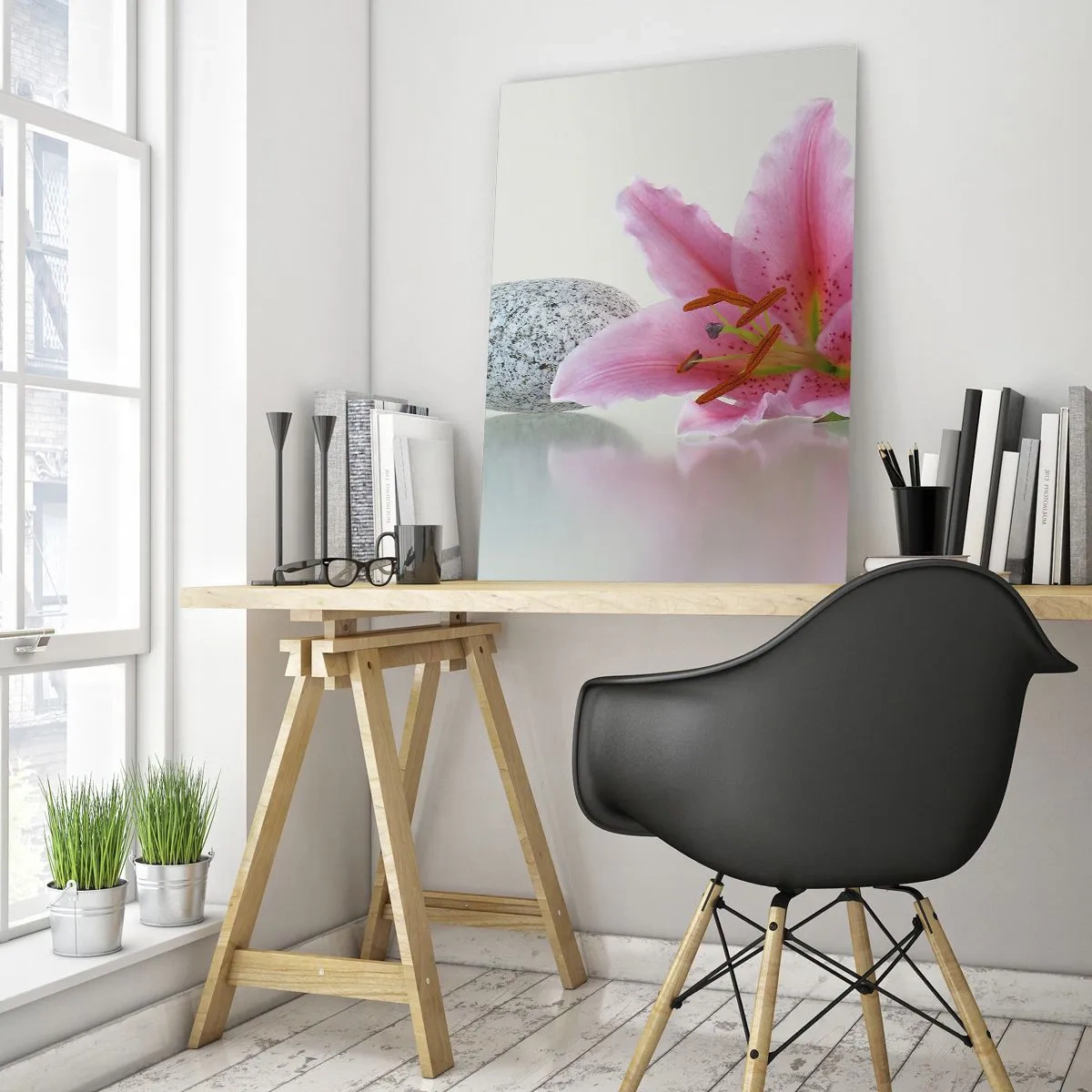 Billede på glas - Et studie i rosa, grå og hvid - 70x100 cm
