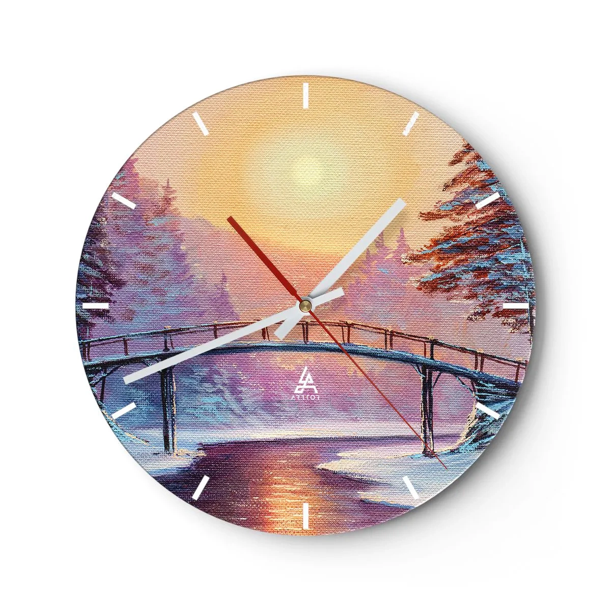 Vægur, Uret - En bro over en flod ved solnedgang i et vinterlandskab - 30x30cm - De fire årstider - vinter - Moderne vægdekoration til stue, køkken og soveværelse ARTTOR