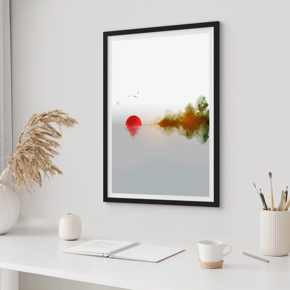 Plakat i sort ramme - Et minimalistisk landskab med en rød sol og en sø. - 50x70cm - Et løfte om fred - Moderne vægdekoration til stue og soveværelse ARTTOR