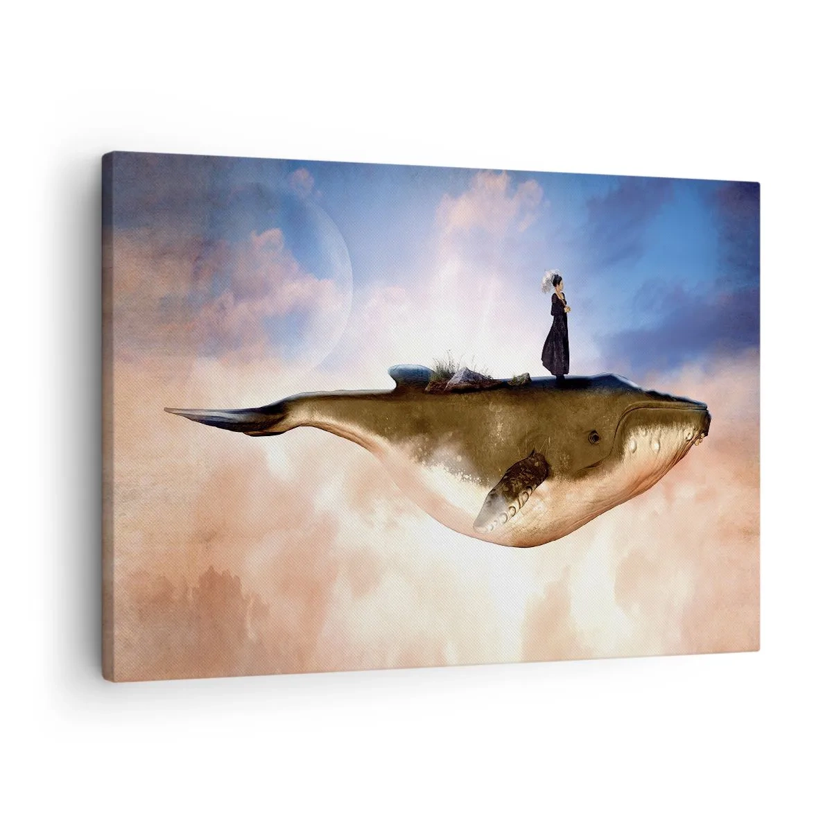 Lærredstryk - Billede på lærred - En fantastisk scene af en kvinde på en hval blandt skyerne - 70x50cm - En surrealistisk rejse - Moderne vægdekoration til stue og soveværelse ARTTOR