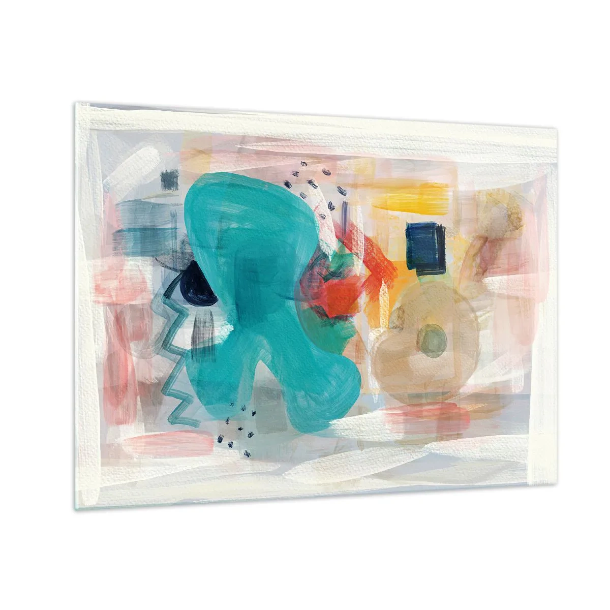 Billede på glas - En farverig abstraktion med stænk af turkis, rød og beige. - 70x50cm - Et farverigt spil - Moderne vægdekoration til stue og soveværelse ARTTOR