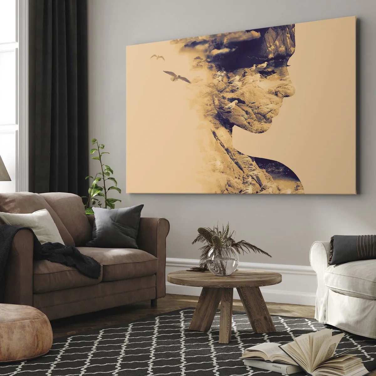 Lærredstryk - Billede på lærred - Profil af en kvinde med naturen i baggrunden i varme toner - 70x50cm - Smuk af natur - Moderne vægdekoration til stue og soveværelse ARTTOR