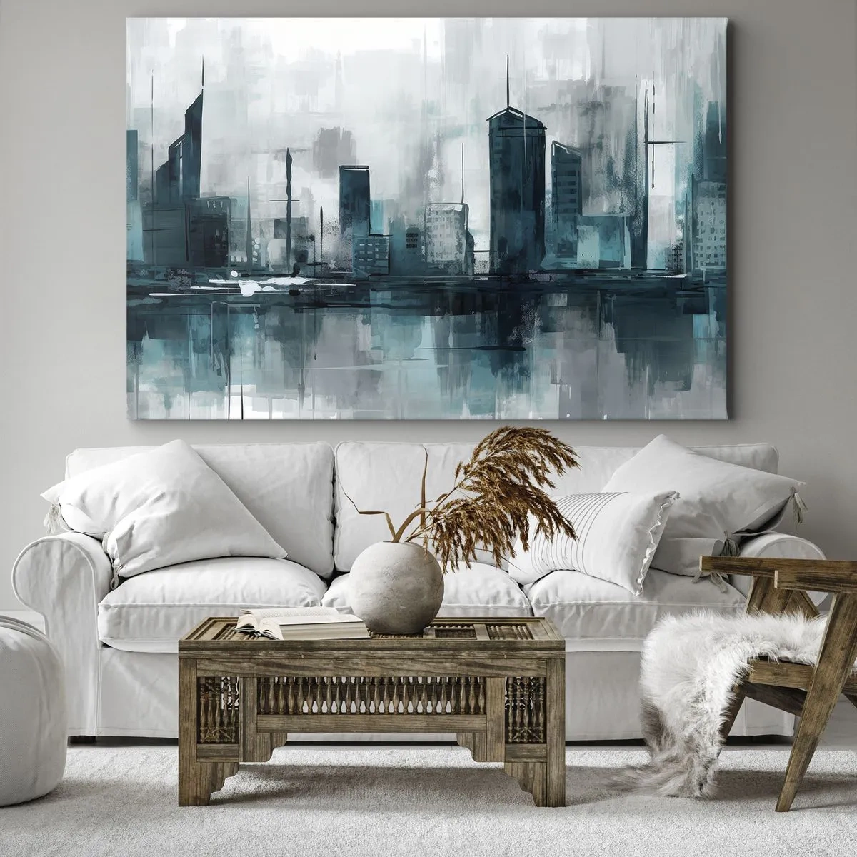 Lærredstryk - Billede på lærred - En moderne by i nuancer af turkis og grå - 70x50cm - Regnfarvet by - Moderne vægdekoration til stue og soveværelse ARTTOR