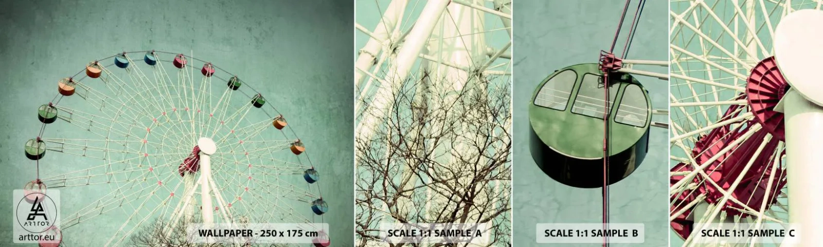 Fototapet Prøve Standard Eco - Vi inviterer dig til at lege - pariserhjul, Merry-go-round, Årgang - 100x30 cm