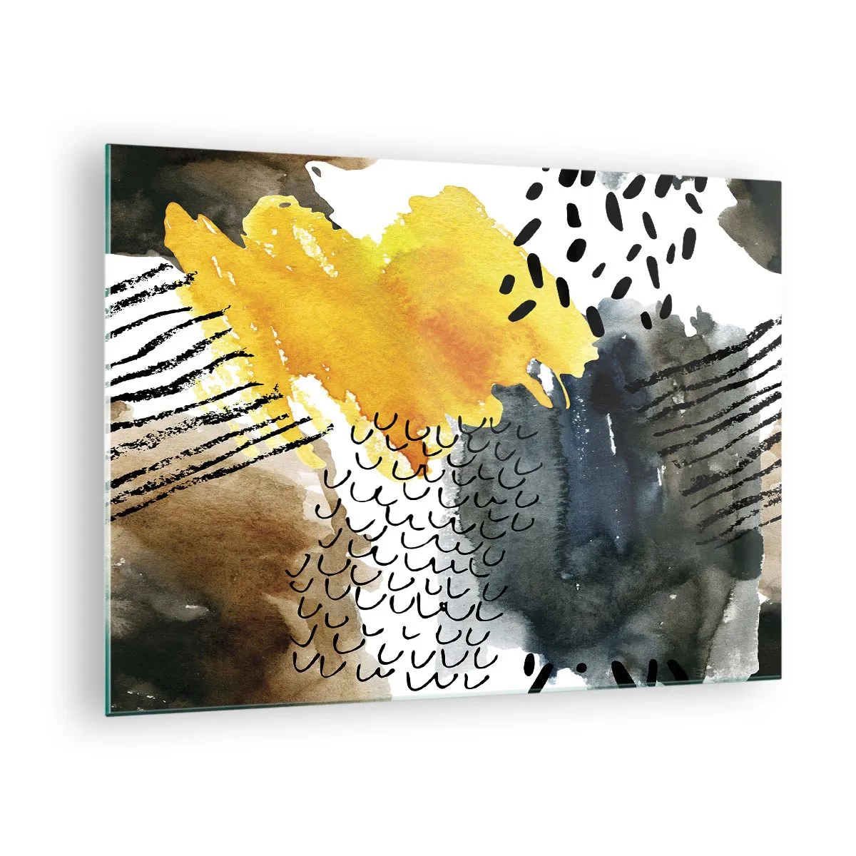 Billede på glas - En abstrakt komposition med pletter og linjer i jordfarver. - 70x50cm - Et møde mellem elementerne - Moderne vægdekoration til stue og soveværelse ARTTOR