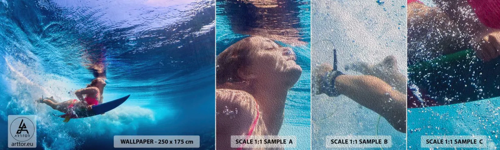 Prøve Fototapet Premium Sand - Dybden af glæde - Surfing, Kvinde, Sport - 100x30 cm