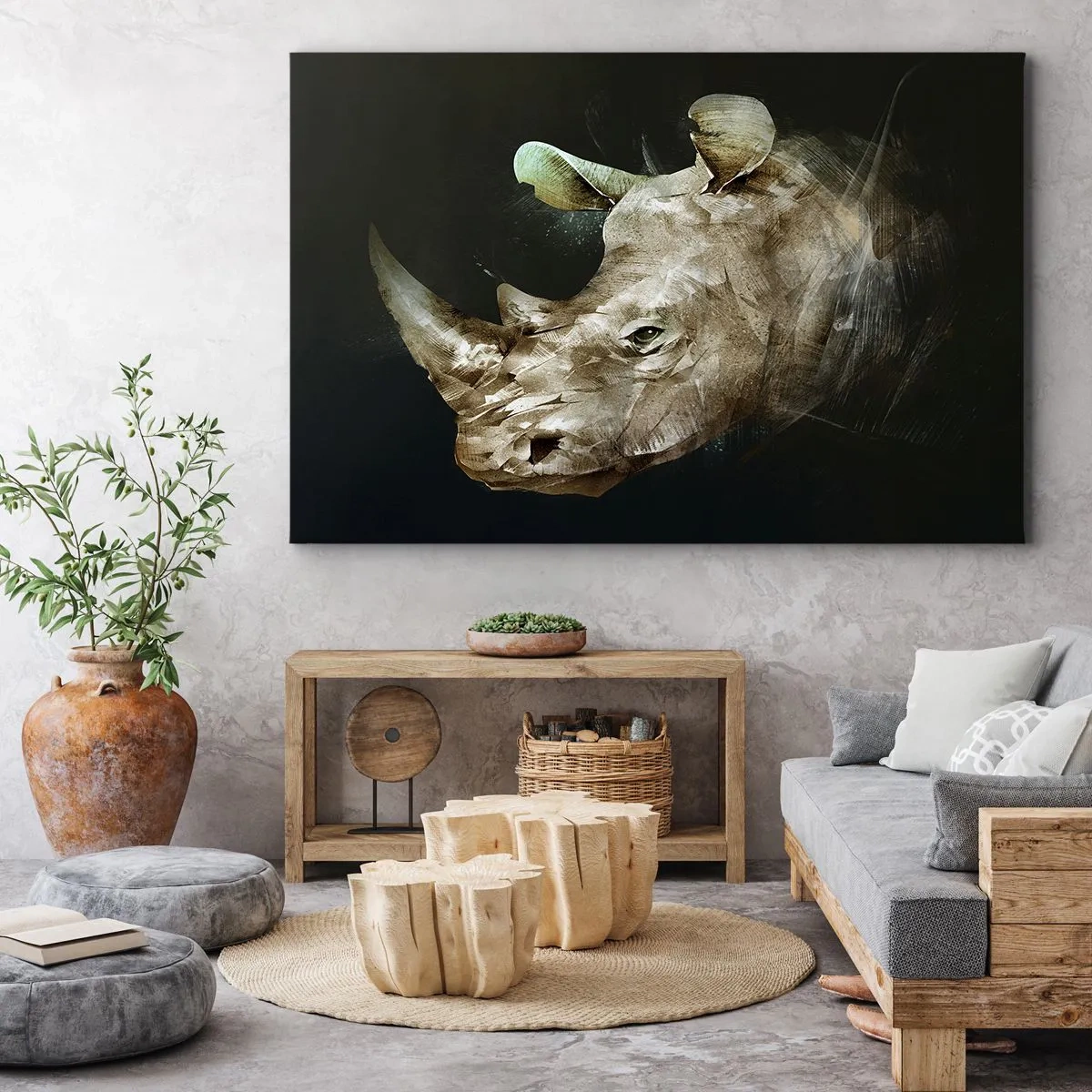 Lærredstryk - Billede på lærred - Portræt af et næsehorn i kunstnerisk form - 70x50cm - Ægte maskulin styrke - Moderne vægdekoration til stue og soveværelse ARTTOR